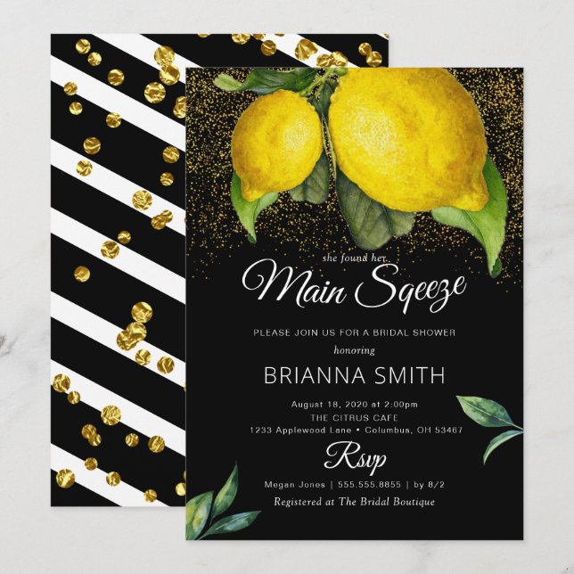 Lemon Black Squeeze Modern Bridal Shower  Invitation (Front/Back)