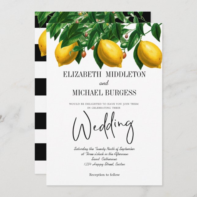 Lemon Black White Stripe Botanical Wedding Invitation (Front/Back)