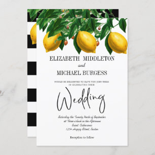 Lemon Black White Stripe Botanical Wedding Invitation