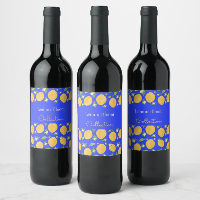 Lemon Bloom Collection patterned blue Wine Label (Bottles)