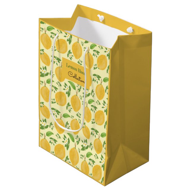Lemon Bloom Collection patterned yellow Medium Gift Bag (Front Angled)
