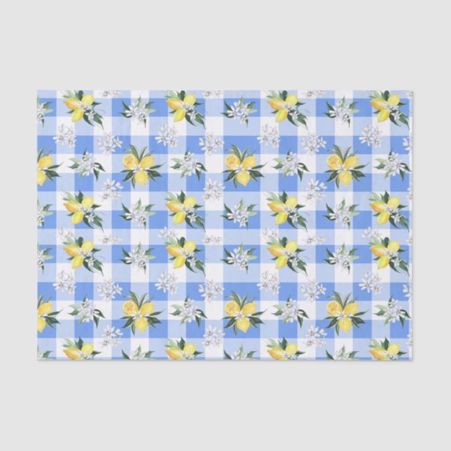 Lemon Blossom Blue Gingham Tissue Paper (Front)