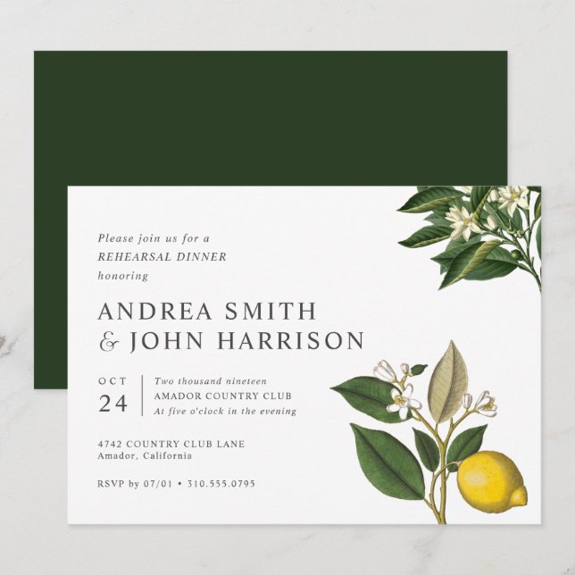 Lemon Blossom | Chic Botanical Rehearsal Dinner Invitation (Front/Back)