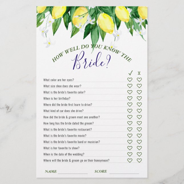 Lemon Blossom Double-Sided Bridal Shower Game (Front)