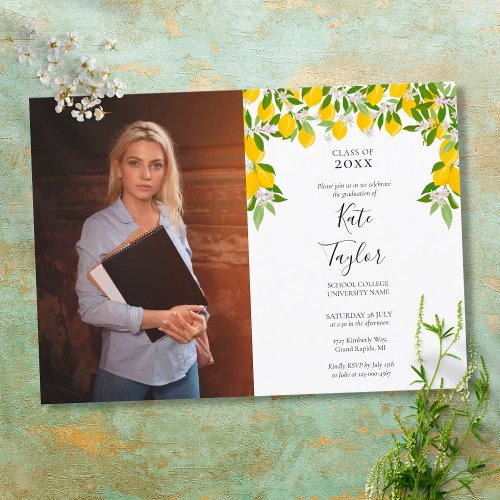 Lemon Blossom Floral Graduation Party Photo Invitation