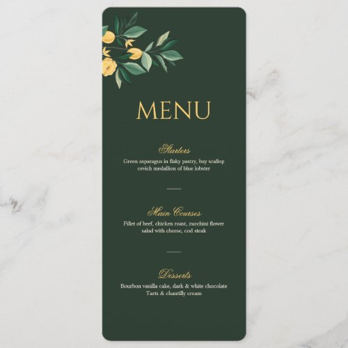 Lemon Blossom Floral Tree Elegant Green Wedding Menu