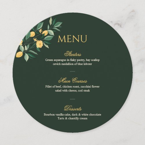 Lemon Blossom Floral Tree Elegant Green Wedding Menu