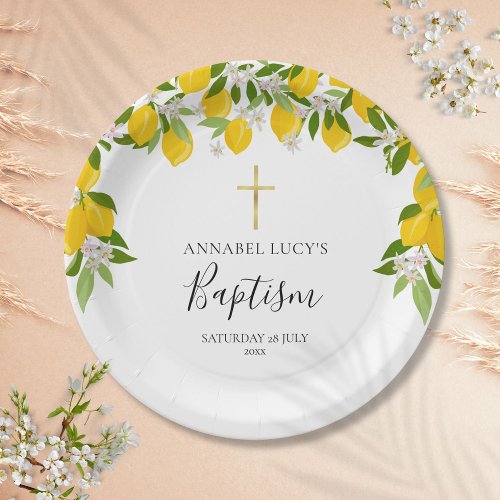 Lemon Blossom Greenery Baptism Christening Paper Plates