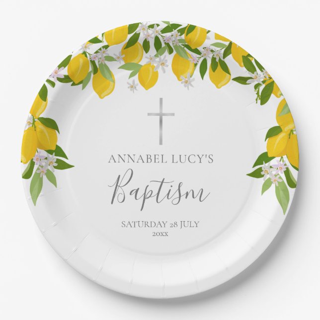 Lemon Blossom Greenery Baptism Christening Paper Plates (Front)