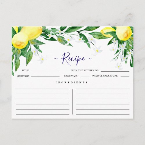 Lemon Blossom Greenery Bridal Shower Recipe Card