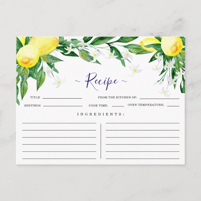 Lemon Blossom Greenery Bridal Shower Recipe Card (Front)