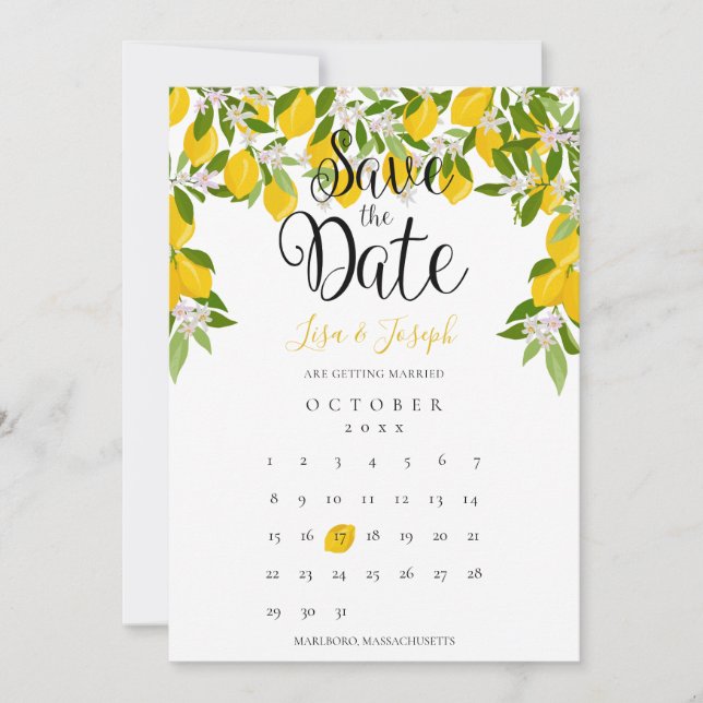Lemon Blossom Greenery Elegant Calendar Wedding Save The Date (Front)