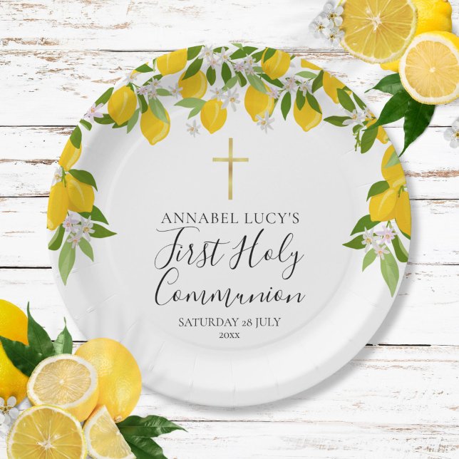 Lemon Blossom Greenery First Holy Communion Paper Plates (Lemon Blossom Greenery First Holy Communion Paper Plates)