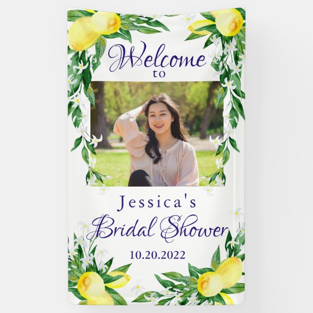 Lemon Blossom Greenery PHOTO Bridal Shower Banner (Vertical)
