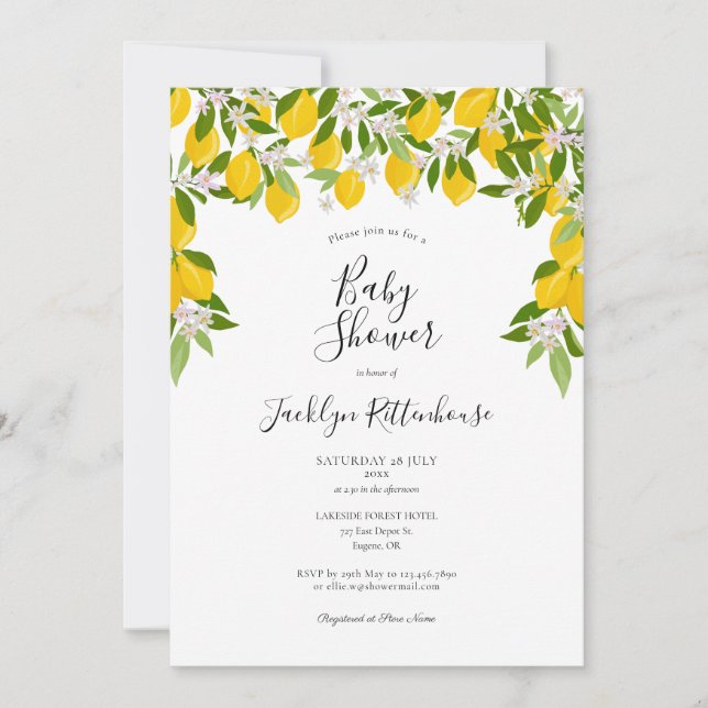 Lemon Blossom Greenery Watercolour Baby Shower Invitation (Front)