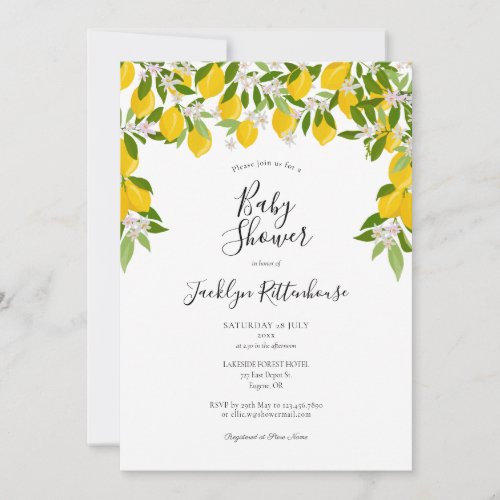 Lemon Blossom Greenery Watercolour Baby Shower Invitation