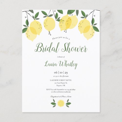Lemon Blossom Greenery Watercolour Bridal Shower Announcement Postcard - Featuring lemons greenery, this chic botanical bridal or couples shower invitation can be personalised with your special event information. Designed by Thisisnotme©
