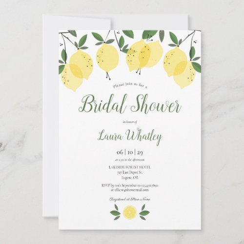 Lemon Blossom Greenery Watercolour Bridal Shower Invitation - Featuring lemons greenery, this chic botanical bridal or couples shower invitation can be personalised with your special event information. The reverse has monogram initials. Designed by Thisisnotme©