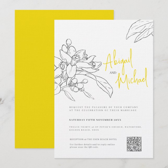 Lemon blossom sketch yellow gray wedding invitation (Front/Back)