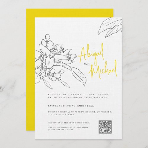 Lemon blossom sketch yellow gray wedding invitation