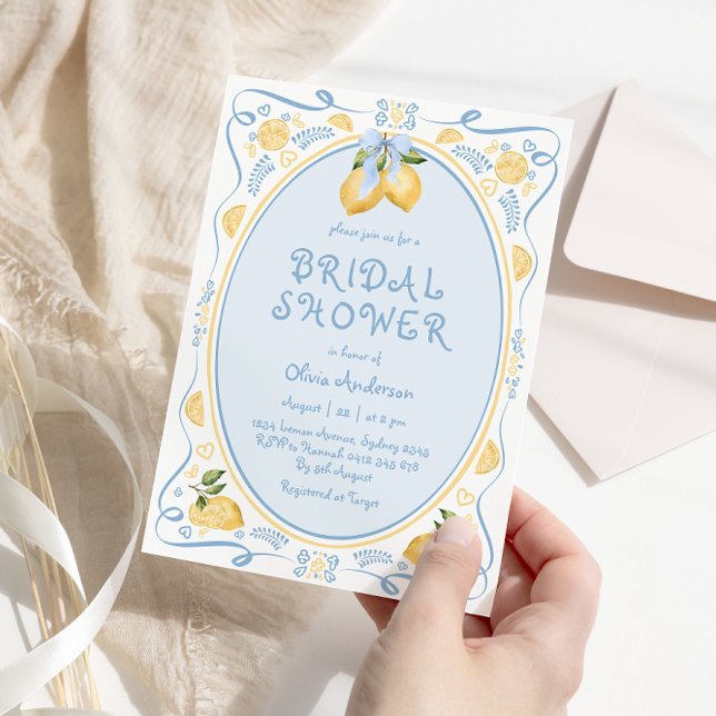 Lemon Blue Bow Whimsical Bridal Shower Invitation (Creator Uploaded)