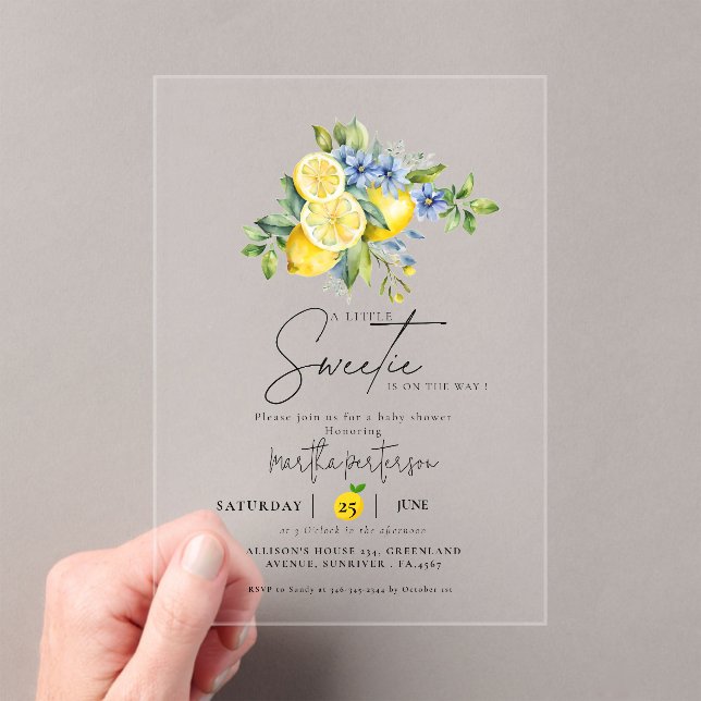 Lemon  Blue Citrus Fruit Summer Baby Shower Acrylic Invitations (Insitu (Handheld))