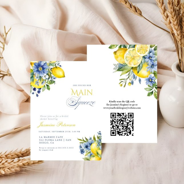 Lemon Blue Floral Citrus Bridal Shower Invitation (Creator Uploaded)