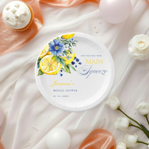 Lemon Blue Floral Citrus Bridal Shower Paper Plates