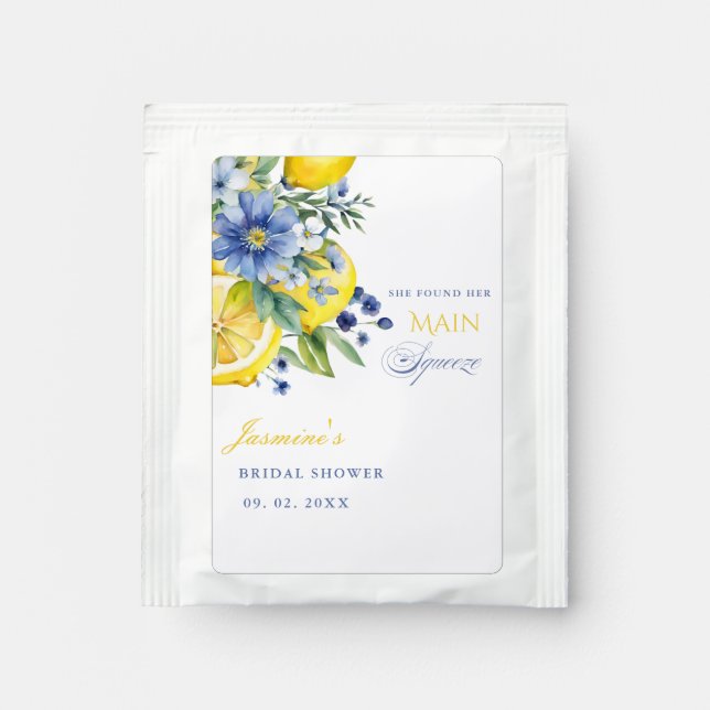 Lemon Blue Floral Citrus Bridal Shower Tea Bag Drink Mix (Front)