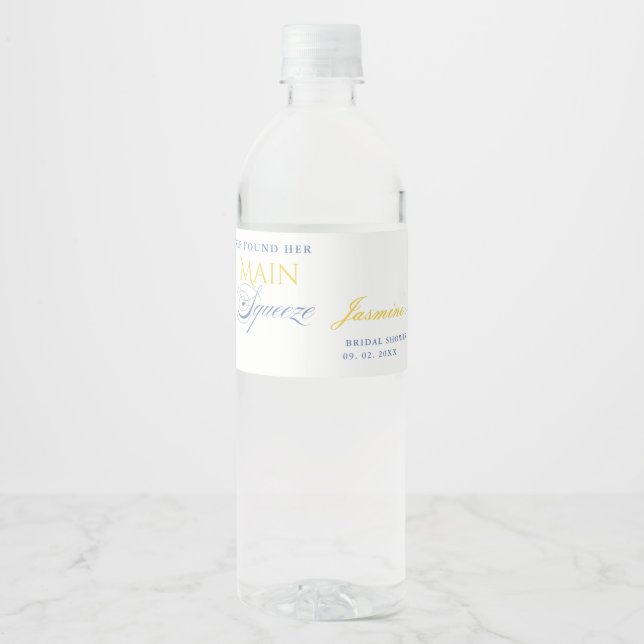 Lemon Blue Floral Citrus Bridal Shower Water Bottle Label (Front)
