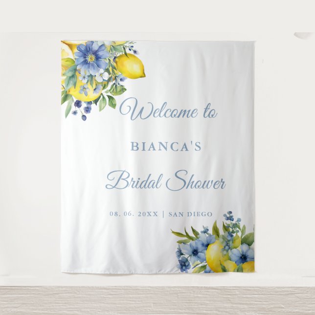 Lemon Blue Floral Citrus bridal shower Welcome  Tapestry (Front)