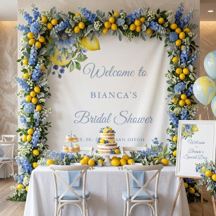 Lemon Blue Floral Citrus bridal shower Welcome  Tapestry