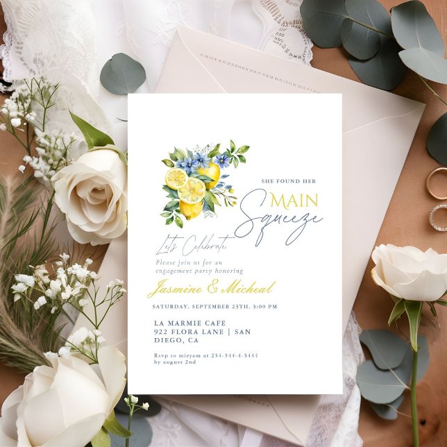 Lemon Blue Floral Citrus Engagement Party Invitation (Creator Uploaded)