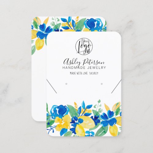 Lemon blue floral logo jewelry earring necklace business card - An elegant summer Italian Mediterranean style with yellow citrus lemons, blue flowers and greenery wreath floral watercolor stylish jewelry earring and necklace, bracelets display with hole markers that you can move around or delete with elegant modern simple  hand lettering style typography  , all text and backgrounds colors are customizable, add your social media. 