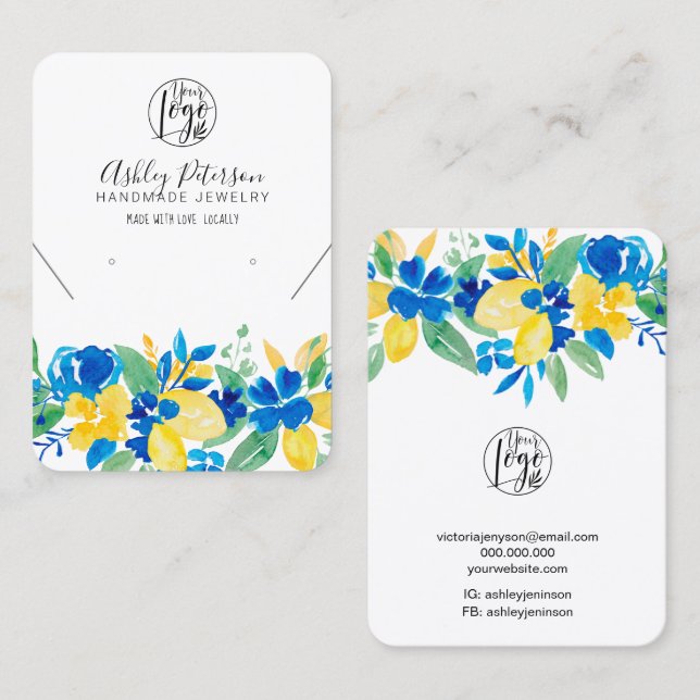 Lemon blue floral logo jewelry earring necklace business card (Front/Back)