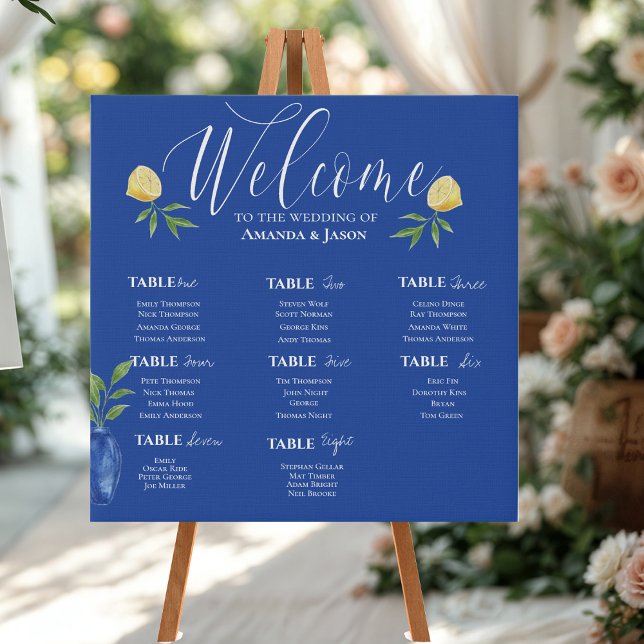  Lemon Blue Floral Summer Wedding Seating Chart  Faux Canvas Print (Lemon Blue Floral Summer Wedding Seating Chart Faux Canvas Print)