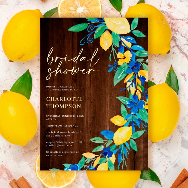 Lemon blue floral wood script bridal shower foil invitation (Creator Uploaded)
