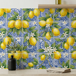 Lemon Blue French Country Watercolor Ceramic Tile