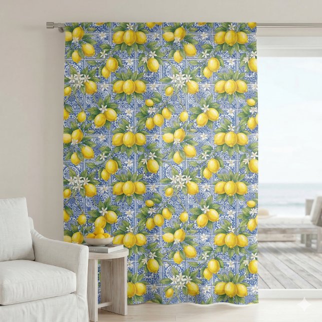 Lemon Blue French Country Watercolor Tile Blackout Curtains (Creator Uploaded)