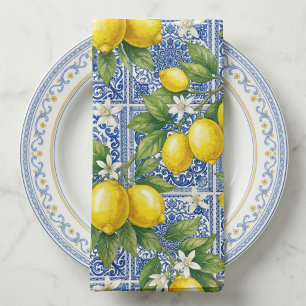 Lemon Blue French Country Watercolor Tile  Cloth Napkin