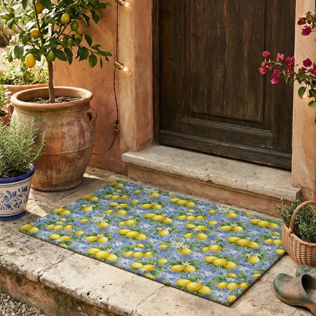 Lemon Blue French Country Watercolor Tile Doormat (Creator Uploaded)