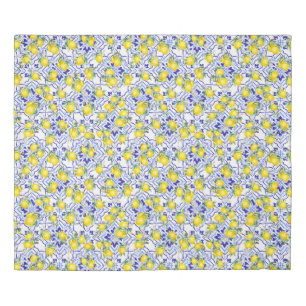 Lemon Blue French Country Watercolor Tile Duvet Cover