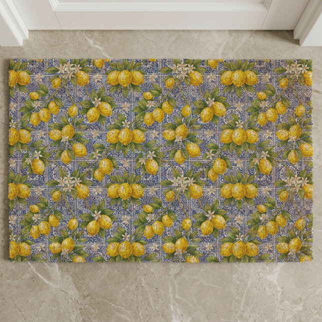 Lemon Blue French Country Watercolor Tile Fiber Doormat (Creator Uploaded)