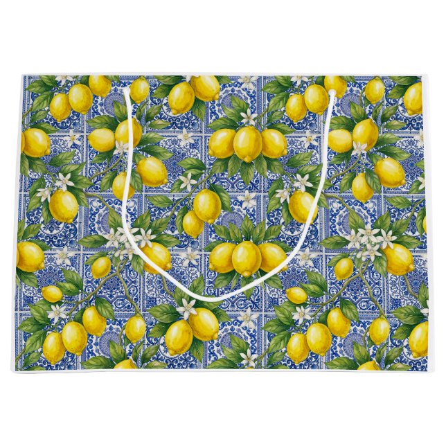 Lemon Blue French Country Watercolor Tile Large Gift Bag (Front)