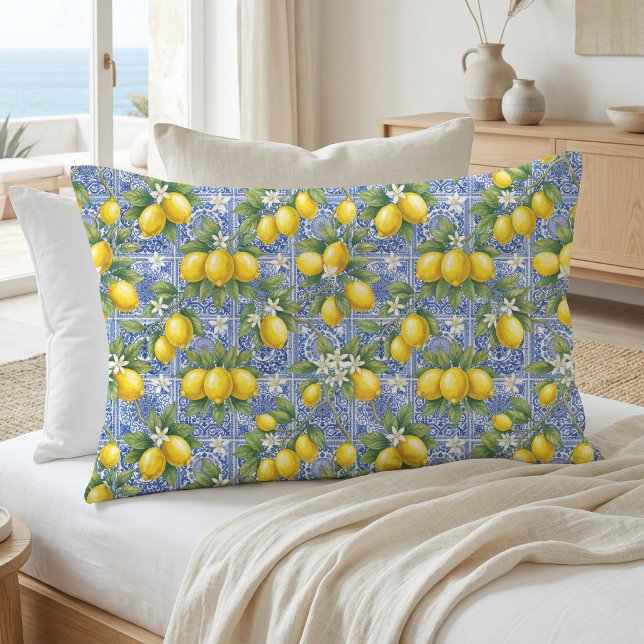 Lemon Blue French Country Watercolor Tile Pillow Case (Creator Uploaded)