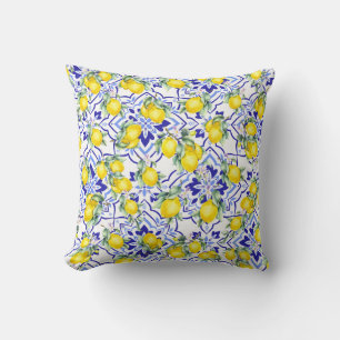 Lemon Blue French Country Watercolor Tile Throw Pillow