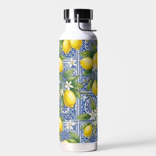 Lemon Blue French Country Watercolor Tile Water Bottle (Left)