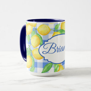Lemon Blue Gingham Cottagecore Personalized Mug
