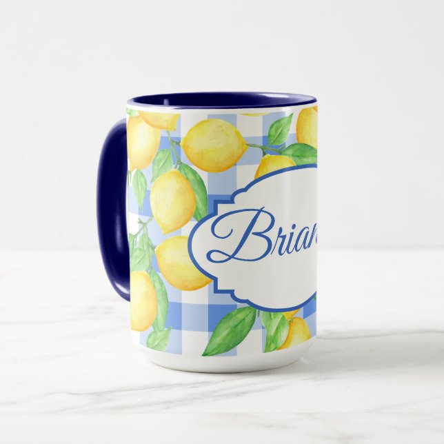 Lemon Blue Gingham Cottagecore Personalized Mug (Front Left)