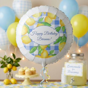 Lemon Blue Gingham Summer Birthday Balloon